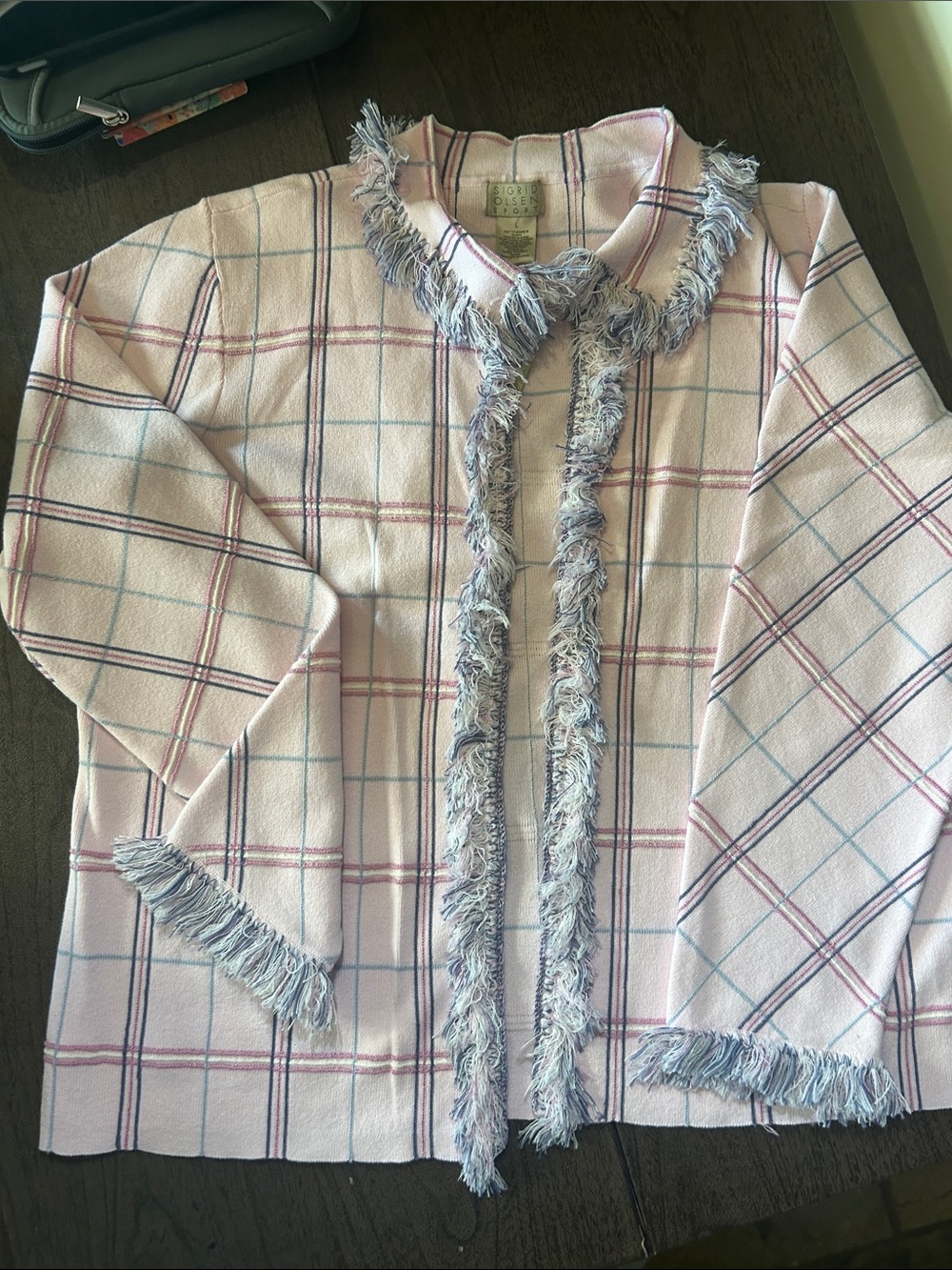 Sigrid Olsen Pink Plaid Fringe cardigan sweater